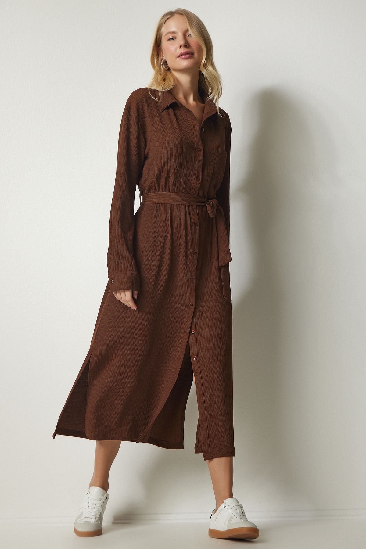 Women's brown belt long shirt dress ub00187