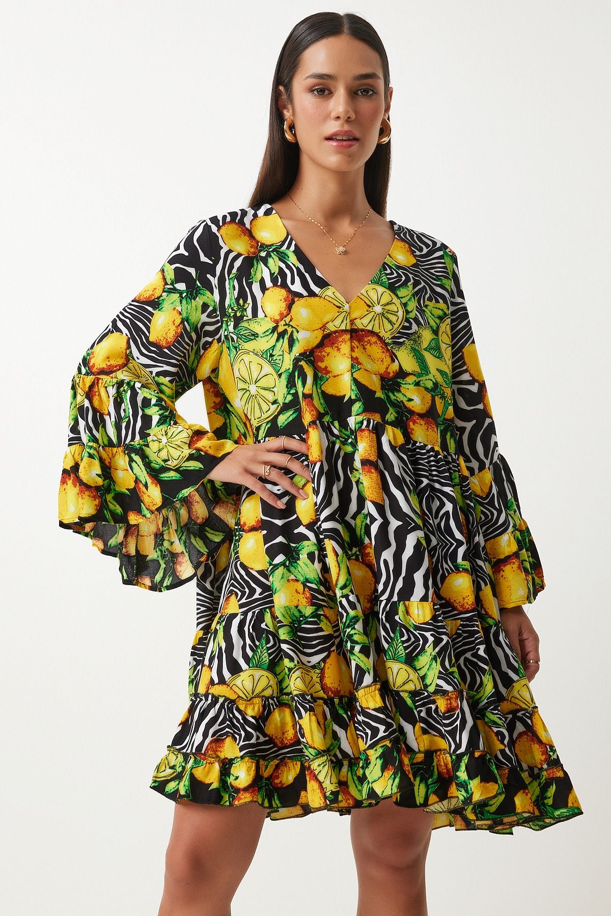 Woman Yellow Black Patterned Summer plenty of viscose dress FN03200
