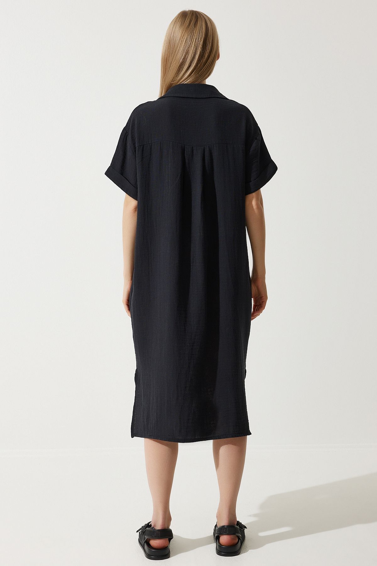 Woman Black Polo Yaka Summer Plenty Muslin Dress to00135