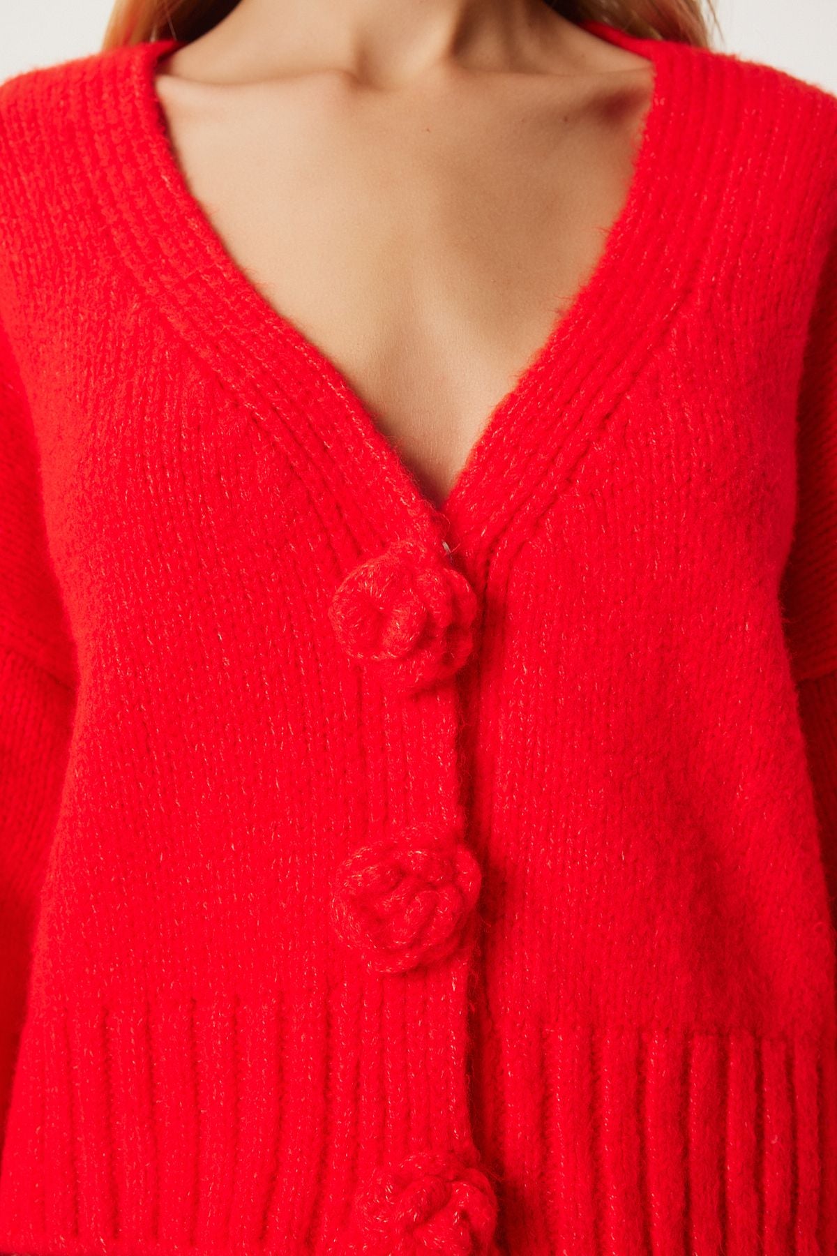 Woman Red Pompom Flower Detail Triko Cardigan PF00078
