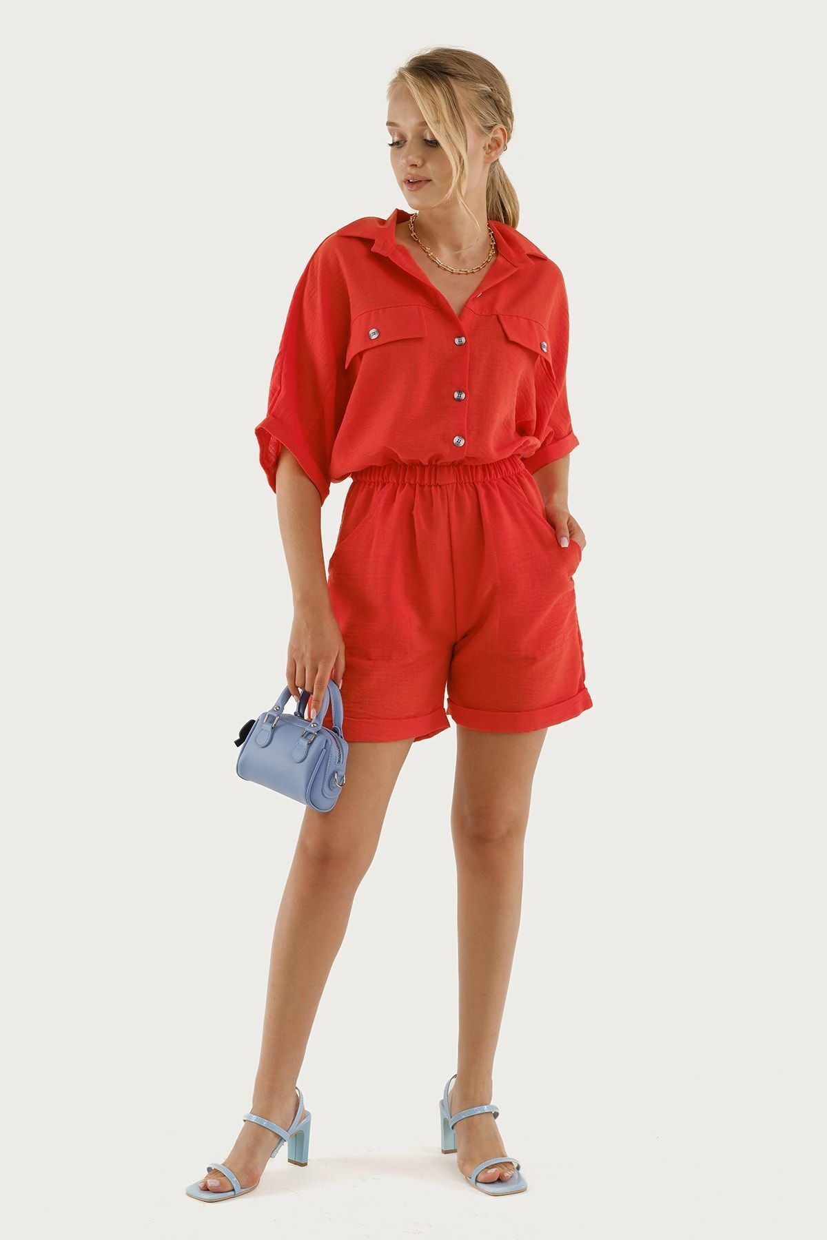 Female coral bat sleeve pocket with waist waist tire shorts overalls Arm-23y001075