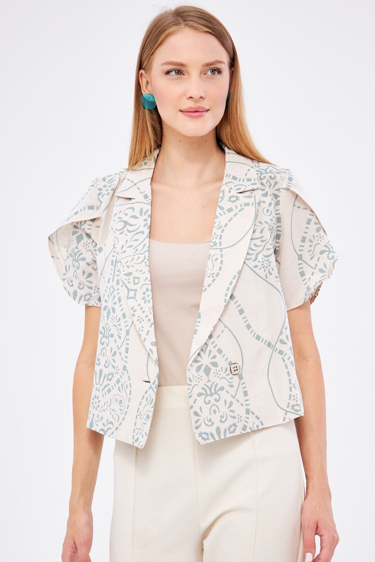 Female Mint-White Linen-Looking Patterned Lever Slit Crop Short Sleeve Jacket ARM-24Y001095