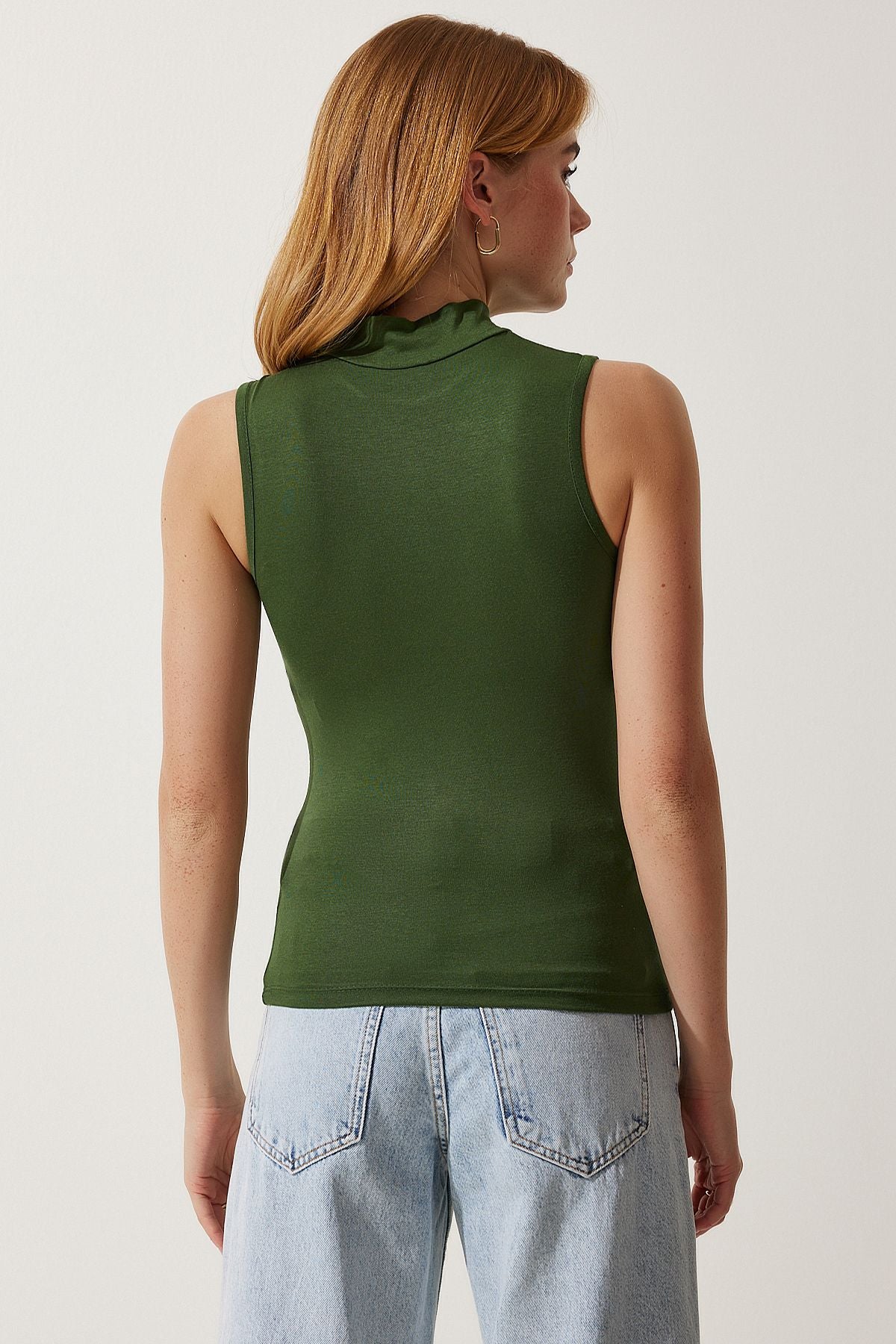 Woman Dark Green Red Back Sleeveless viscum knitted blouse RX00050