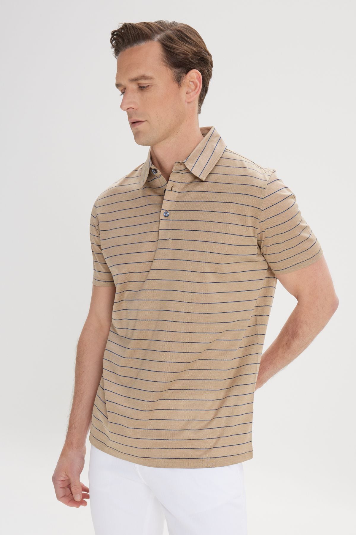 Men's mink-blue regular fit comfortable cut 100 %cotton striped Polo Yaka T-shirt