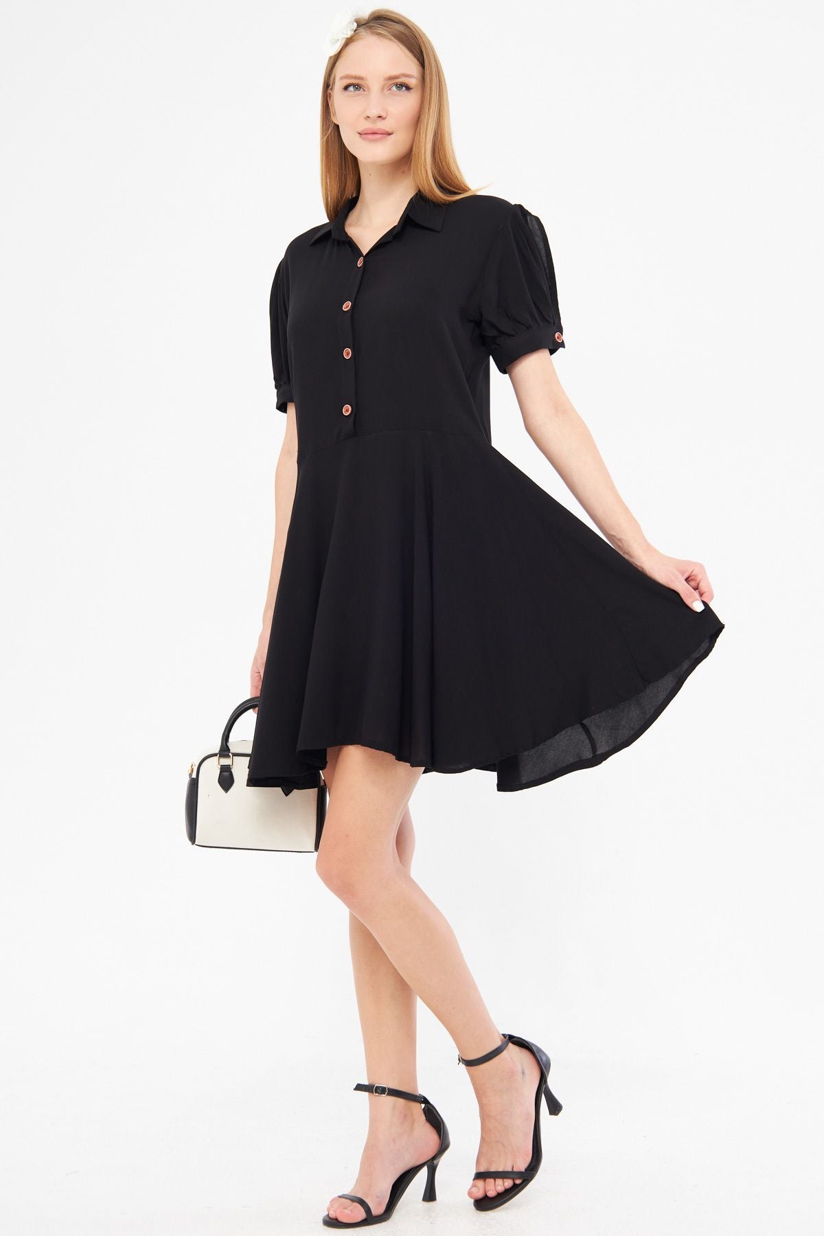 Female black shirt collar handle slit detailed closh watermelon sleeve dress ARM-24Y001083
