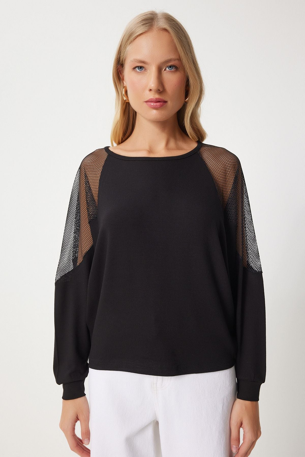 Women's black network detailed bat sleeve knitted blouse EN00621