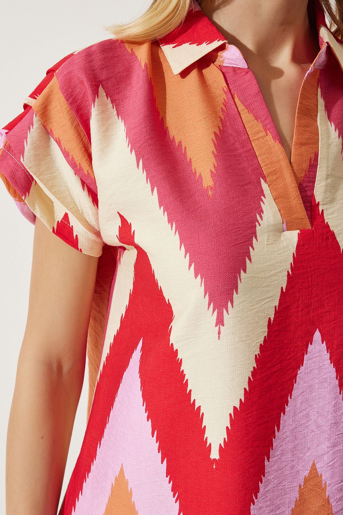 Woman Red Cream Polo Yaka Patterned Summer Dress of00001