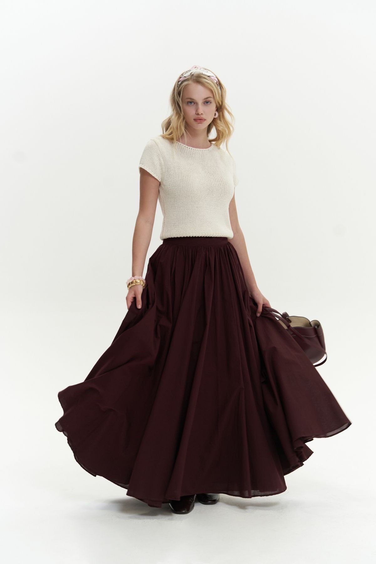 Faylinn Pleated Long Bordeaux Skirt