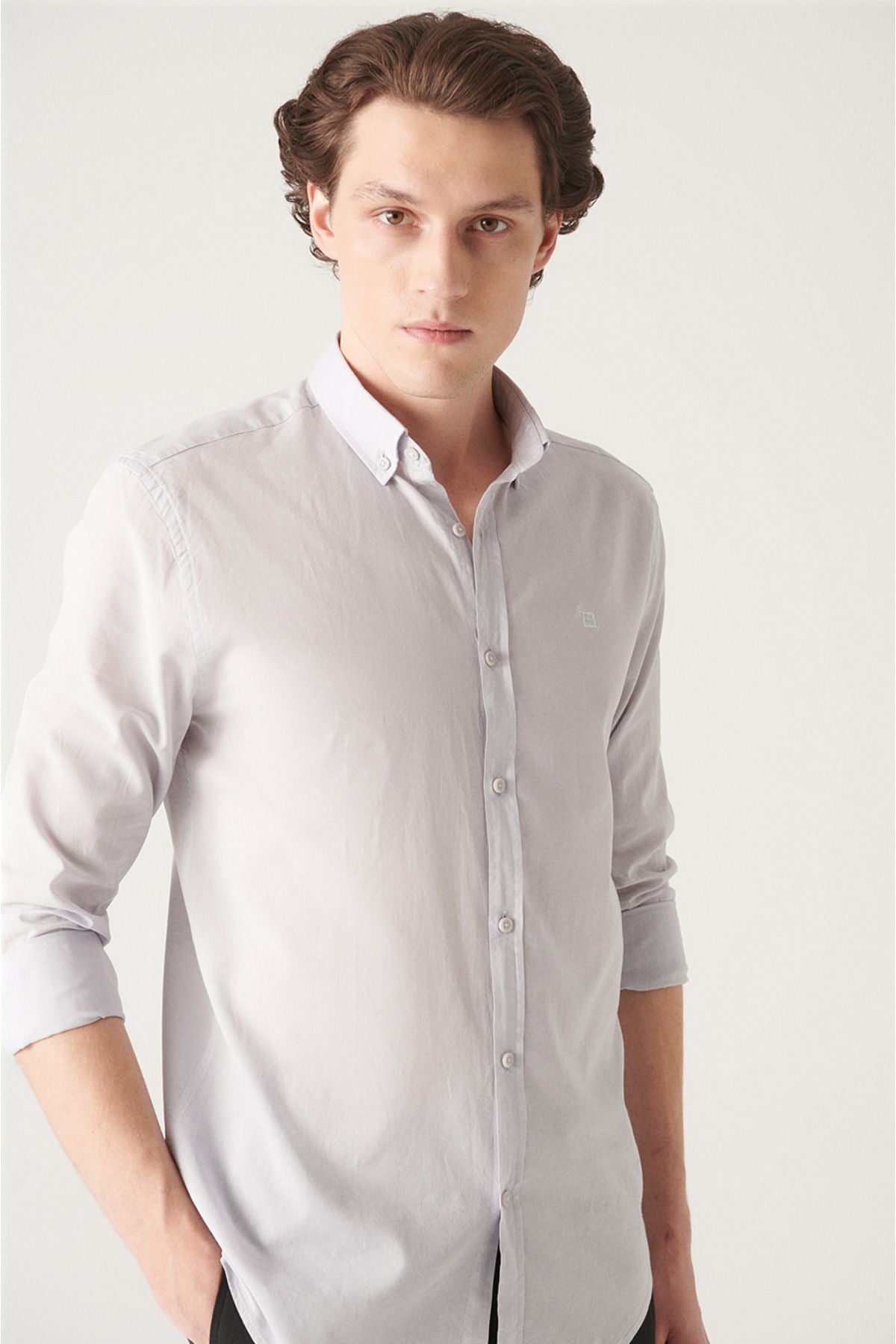 Male Light Gray 100 %Cotton Futter Soft Key buttoned Neck Shirt E002206