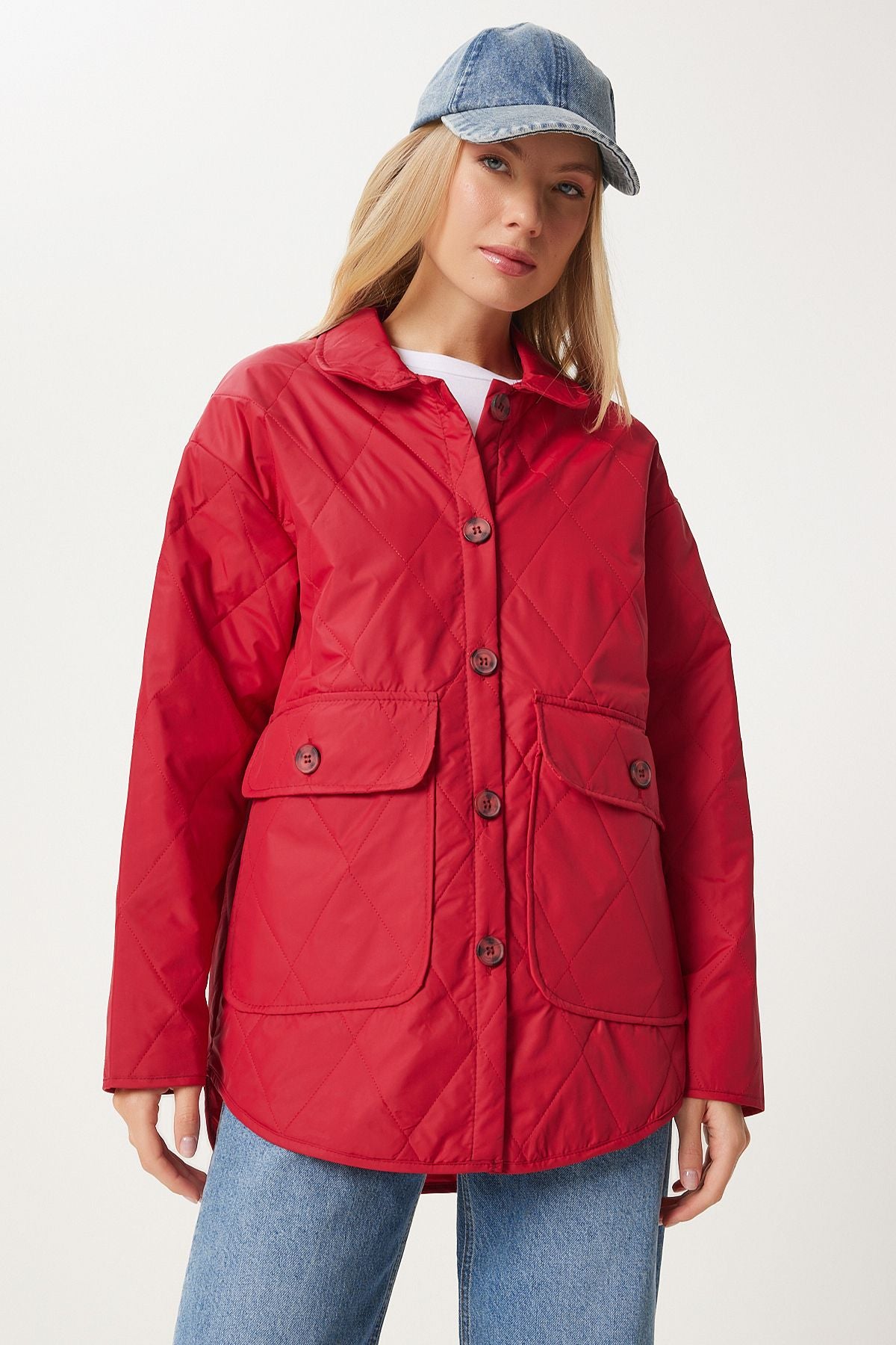 WOMEN'S RED POCKET Oversize Kapitone Mont Fo00001