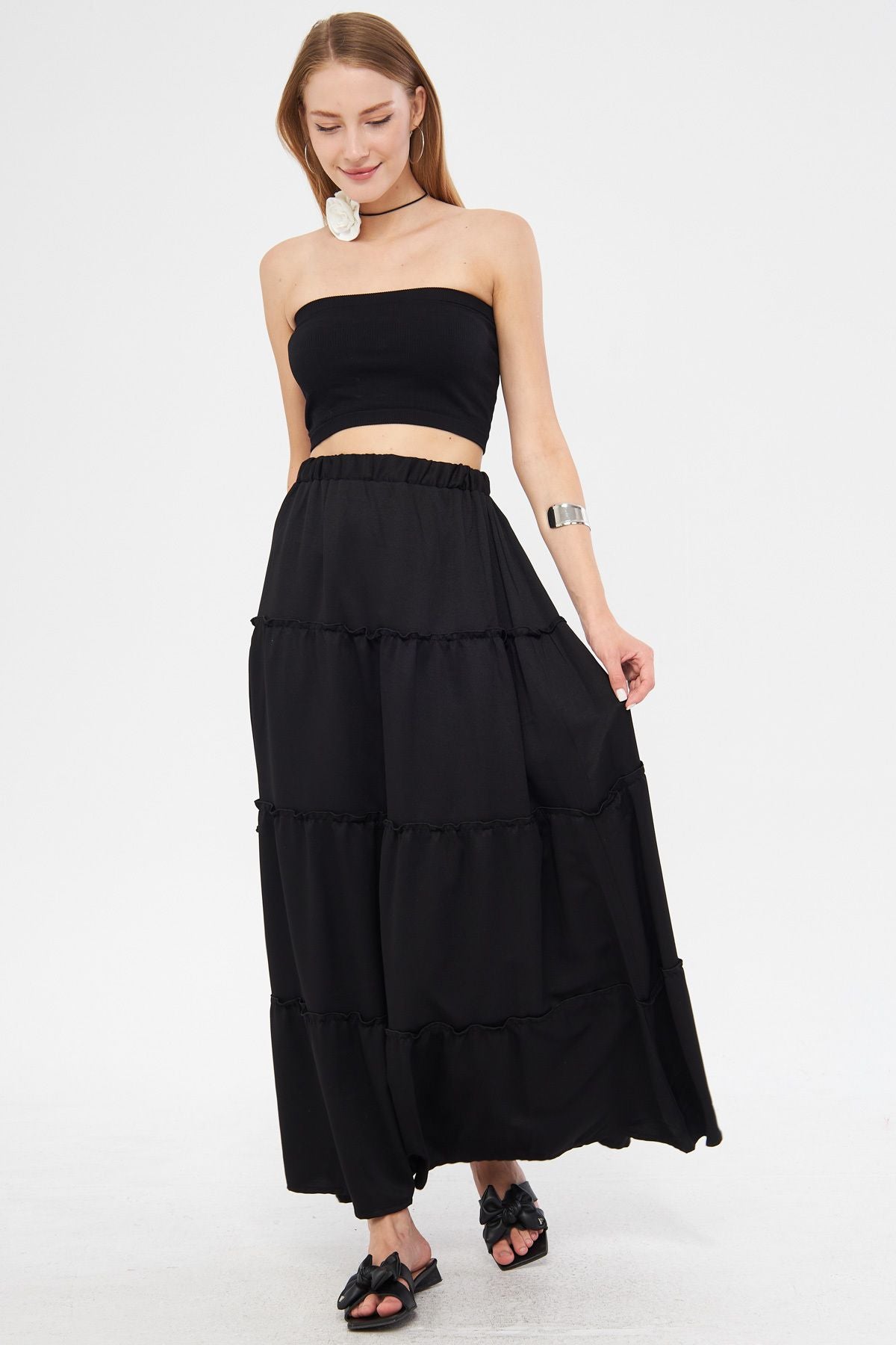WOMEN BLACK BASİC WAST LONG SPEP WITH RAST ARM-24Y001099