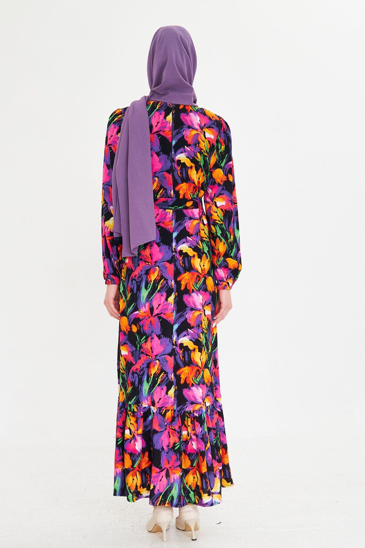 Female Purple Zero Back Back Zipper Skirt End Long Hijab Dress with Ruffle Born Arm-25k001101