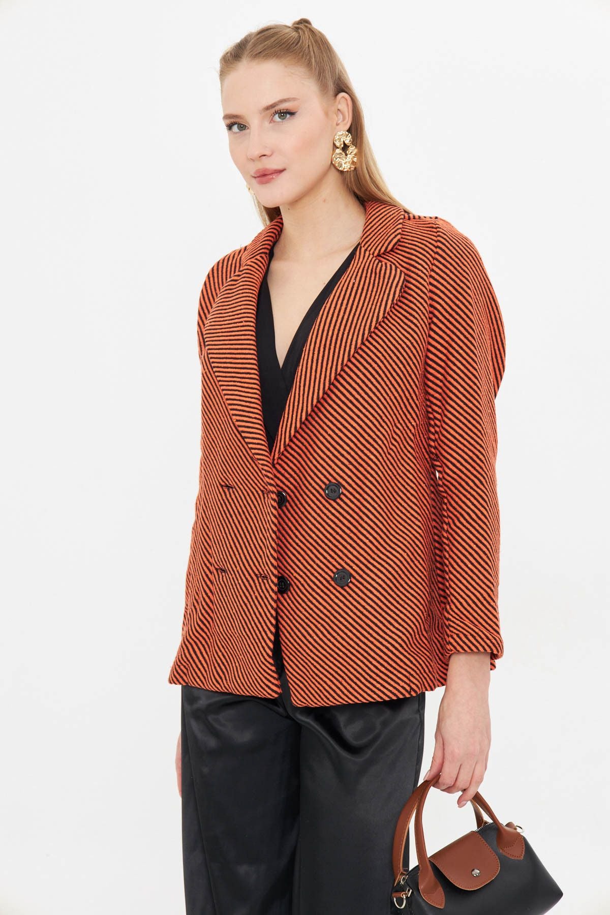 Women's Orange Line Patterned Four buttoned stamp jacket ARM-24K001037