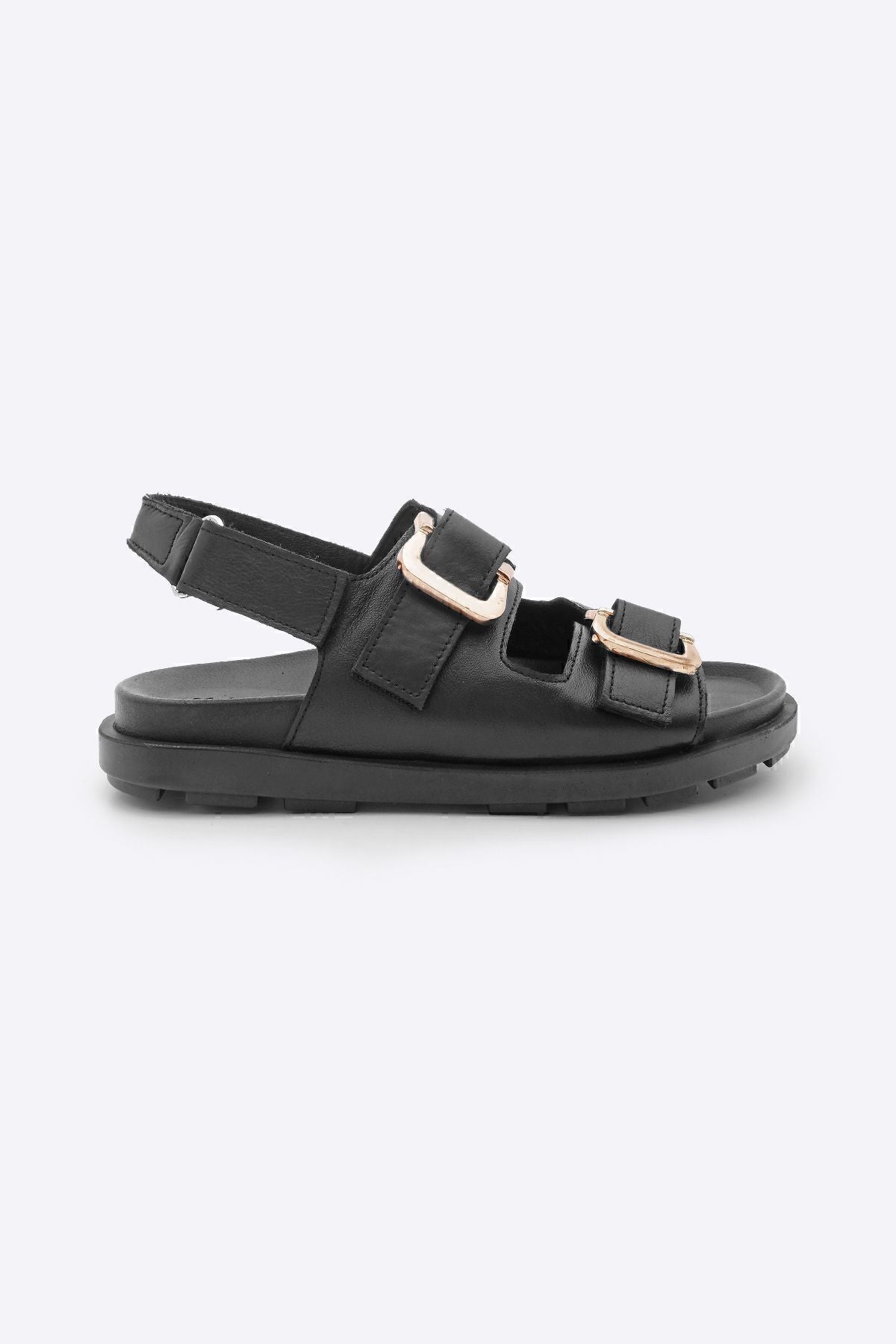 Woman Genuine Leather Golden Buckle Hightf Taped Daily Sandals Risay Black