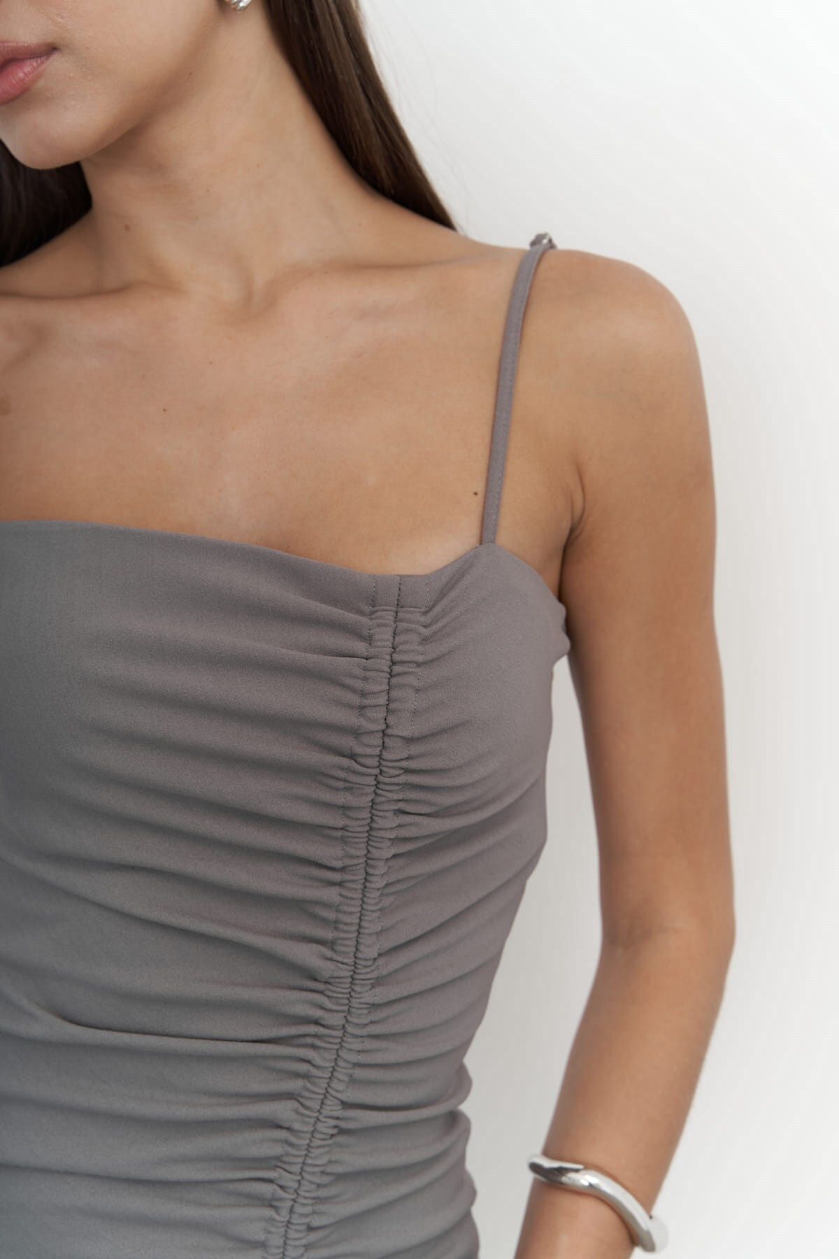 Custom front shirred gray midi size dress