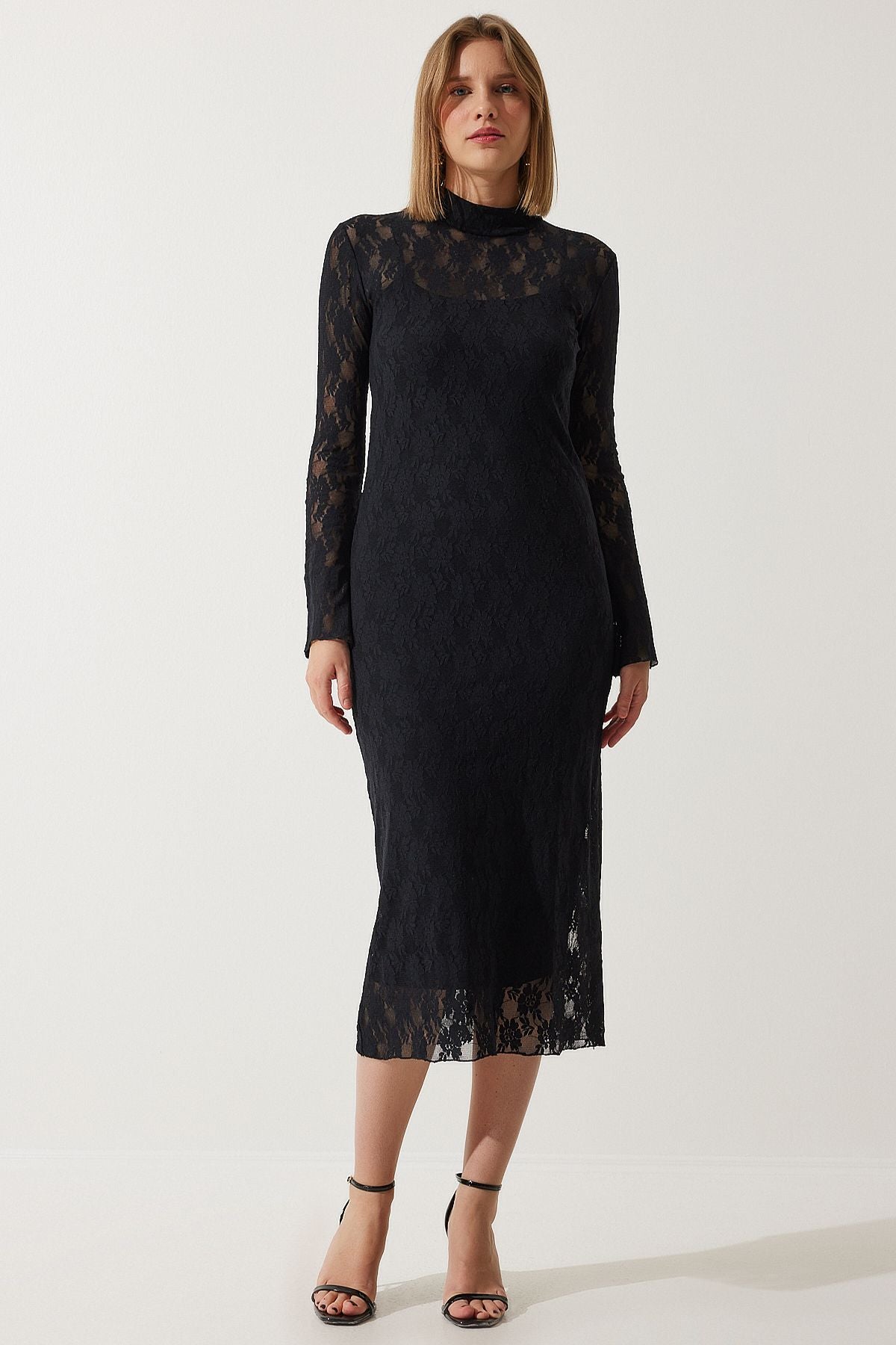 Woman black upright collar stylish lace dress an00192