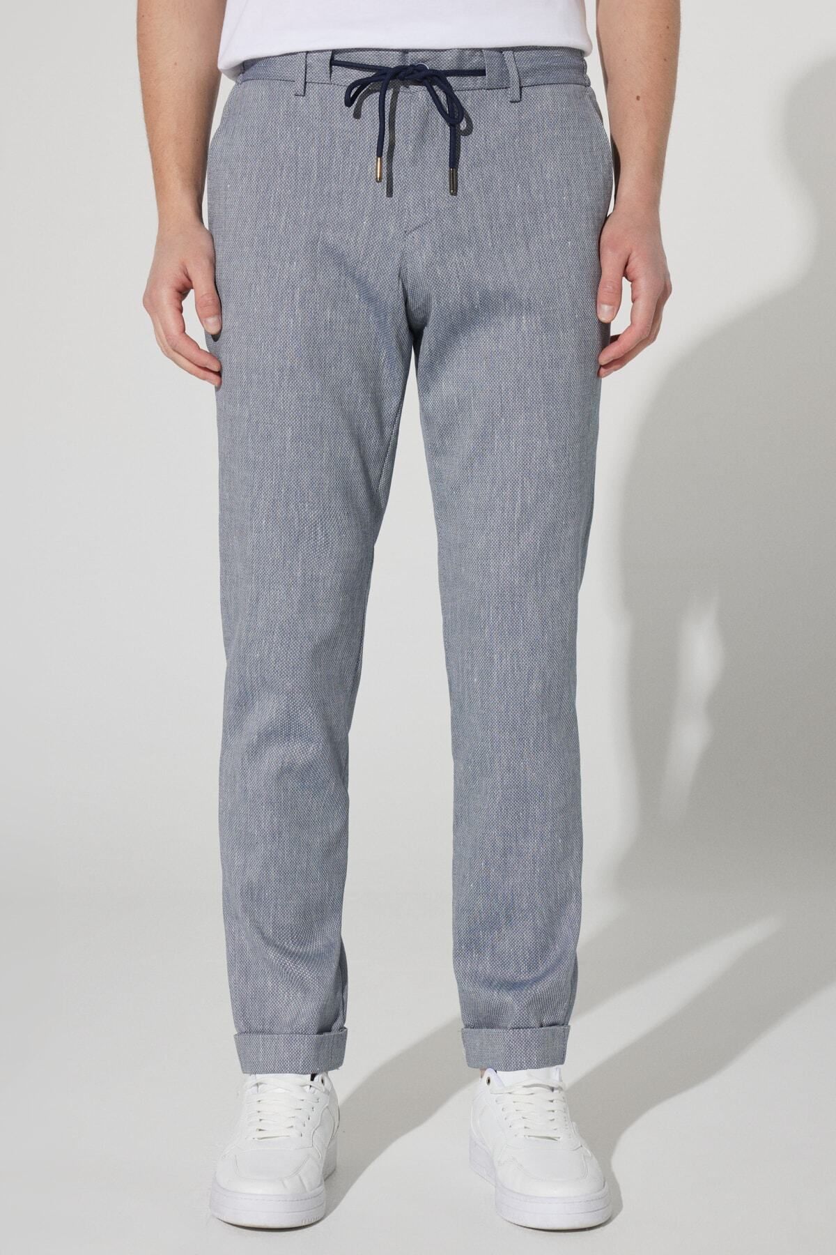 Men's navy blue slim fit narrow -cut linen mixed waist tied jogger pants