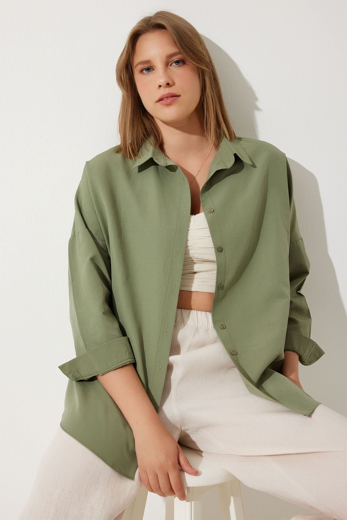 Woman Khaki Oversize Long Basic Shirt DD00842