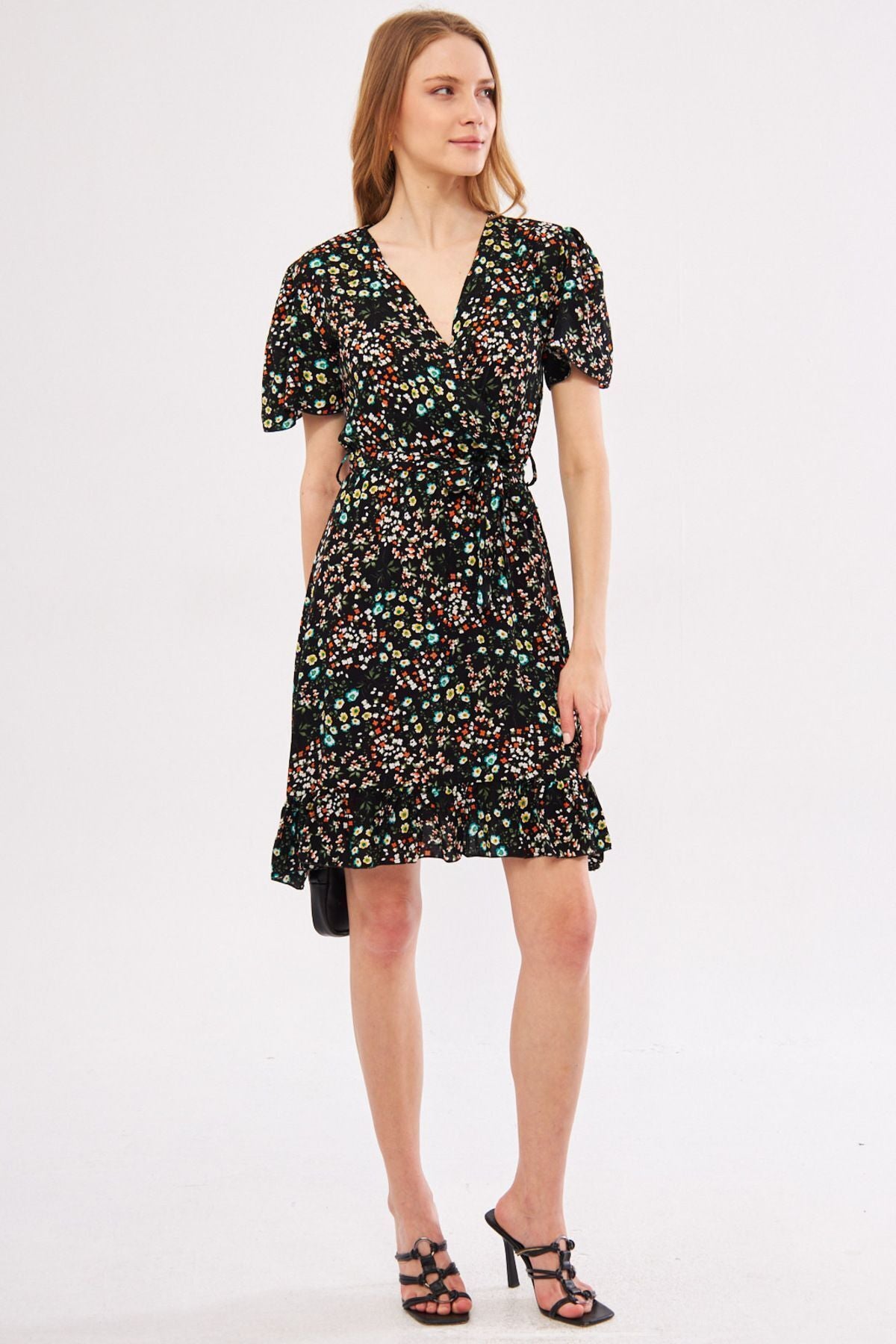 Female Black Tessera Dress Cruve Collar Skirt Ruffed Patterned Mini Size ARM-24Y001024