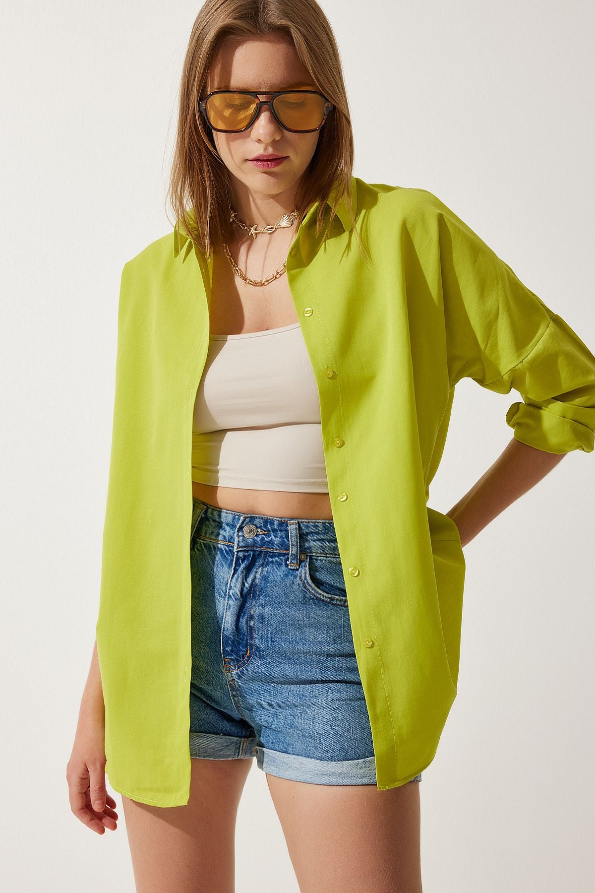 Female Fat Green Oversize Long Basic Shirt DD00842