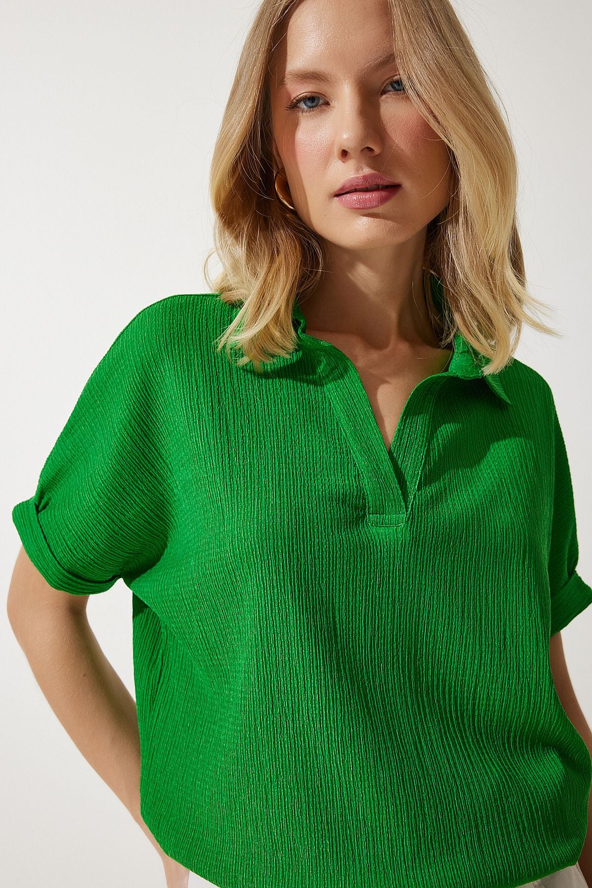 Female green polo collar knitted kinkil blouse DD01299