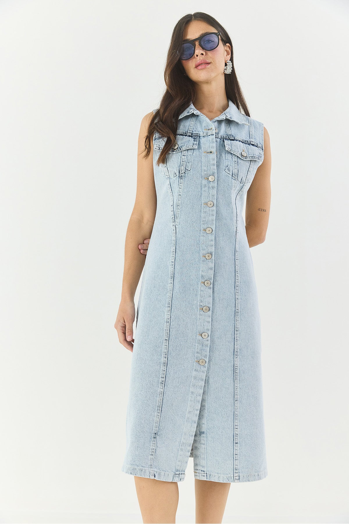 Women's Waist-Fitting, Covered Pockets, Zero Sleeves, Buttoned Denim Dress 3575 60283288