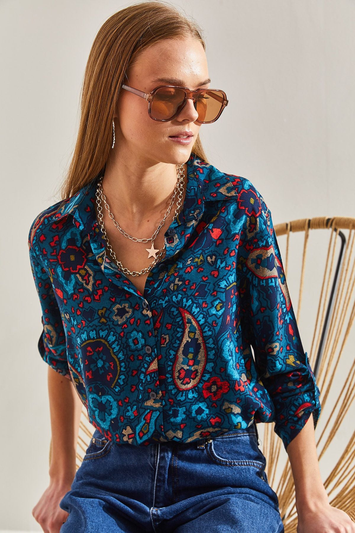 Women's Arm Folded Flower Patterned Viscose Shirt 60101029