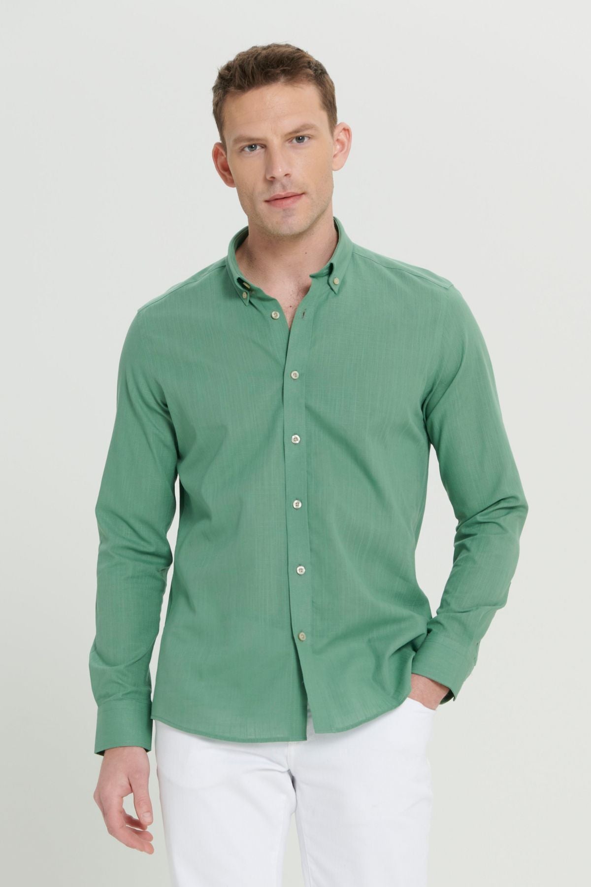 Male Khaki 100 %Cotton Breathing Fabric Oxford Slim Fit button with collar pennant shirt