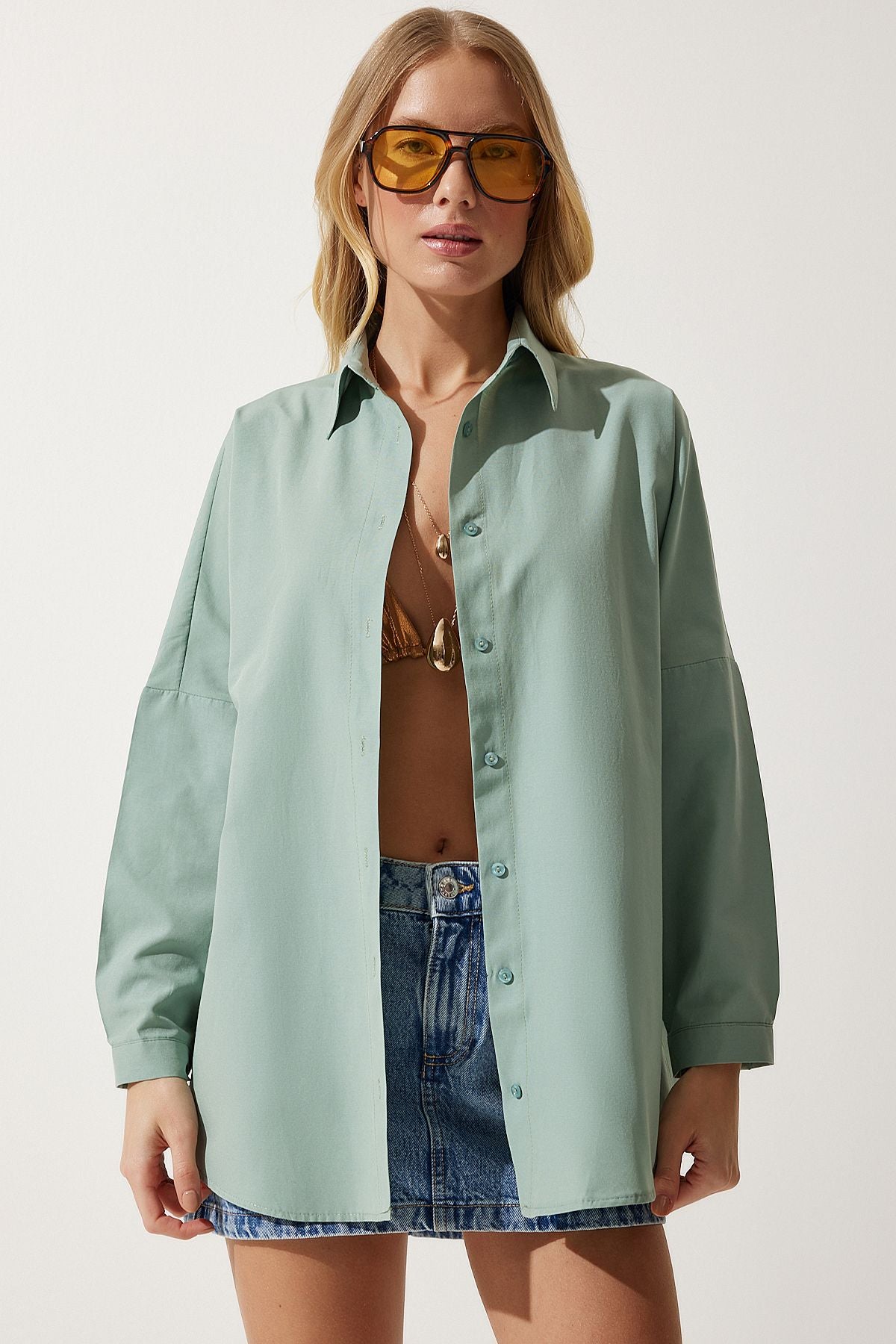 Women's Cagla Green Oversize Long Basic Shirt DD00842