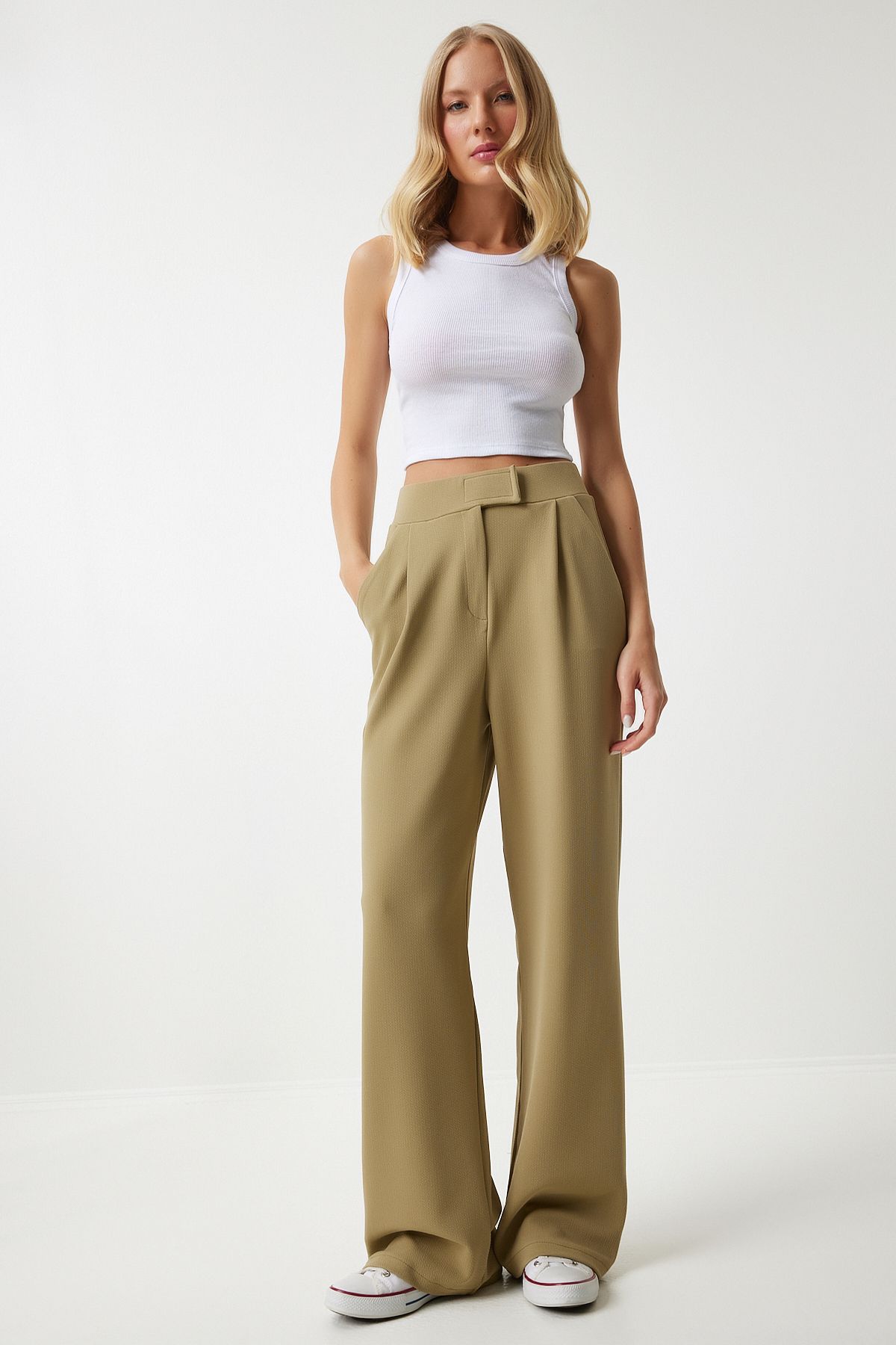 Woman Open Khaki Waist Calcare Casual Woven Pants RV00150