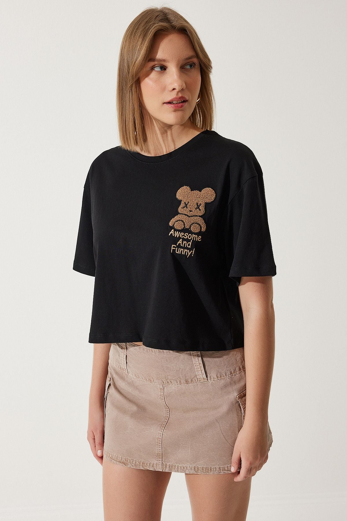 WOMEN BLACK TENIC CALL CROP knitting T-shirt HF00455