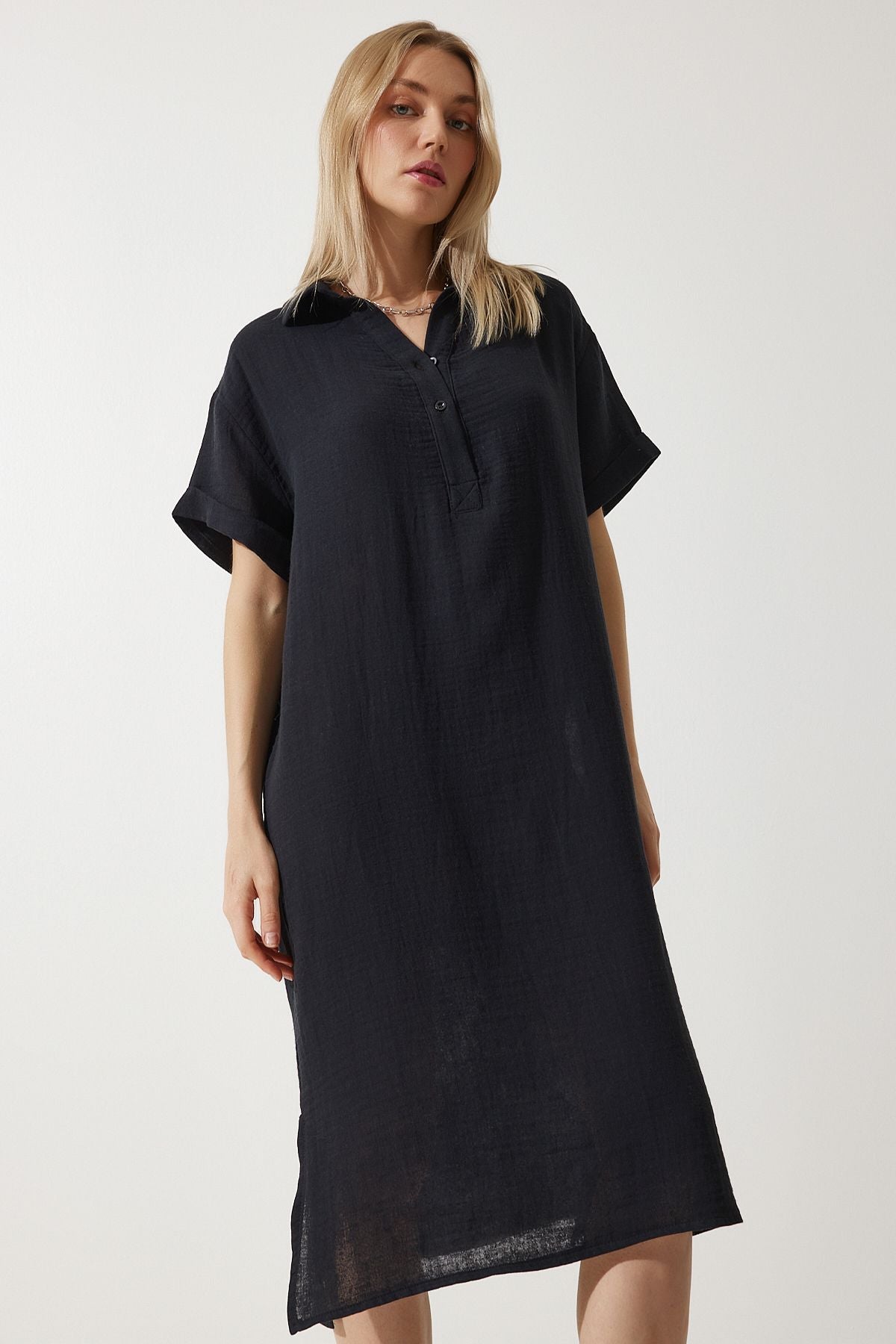 Woman Black Polo Yaka Summer Plenty Muslin Dress to00135