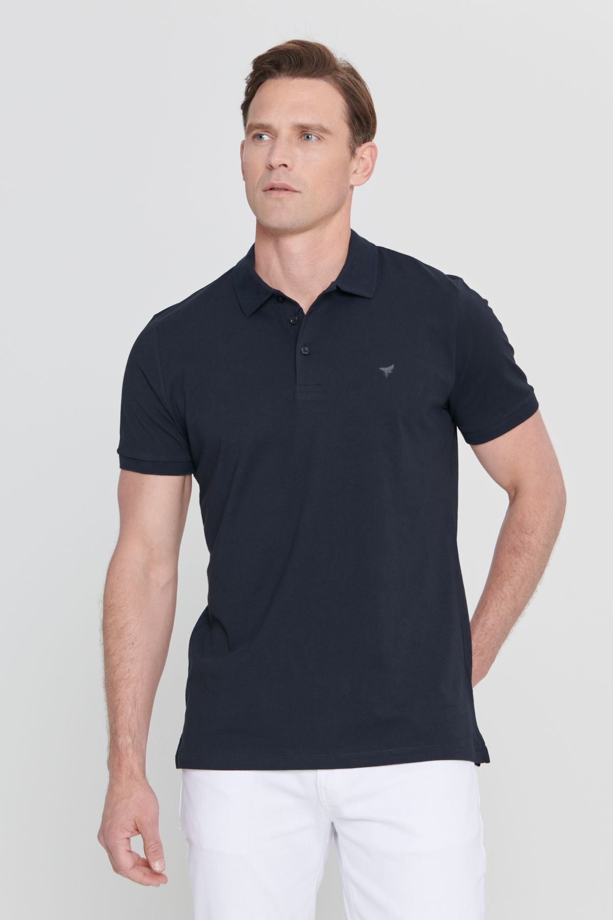 100 %Organic Cotton Men's Navy Blue Slim Fit Narrow Cut Polo Yaka T -shirt