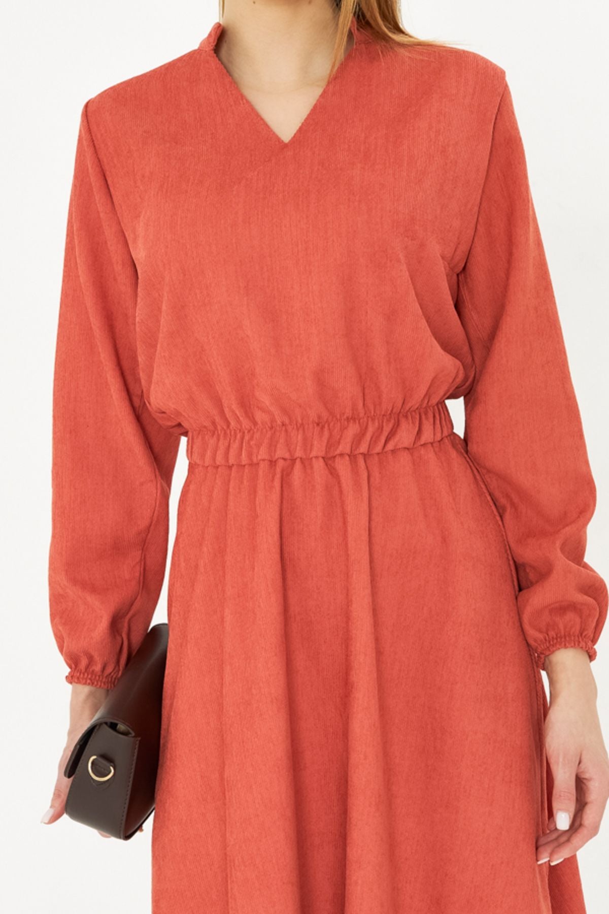 Female Salmon Velvet V-neck Waist Thin Fine Red Clash Dress ARM-25K001049