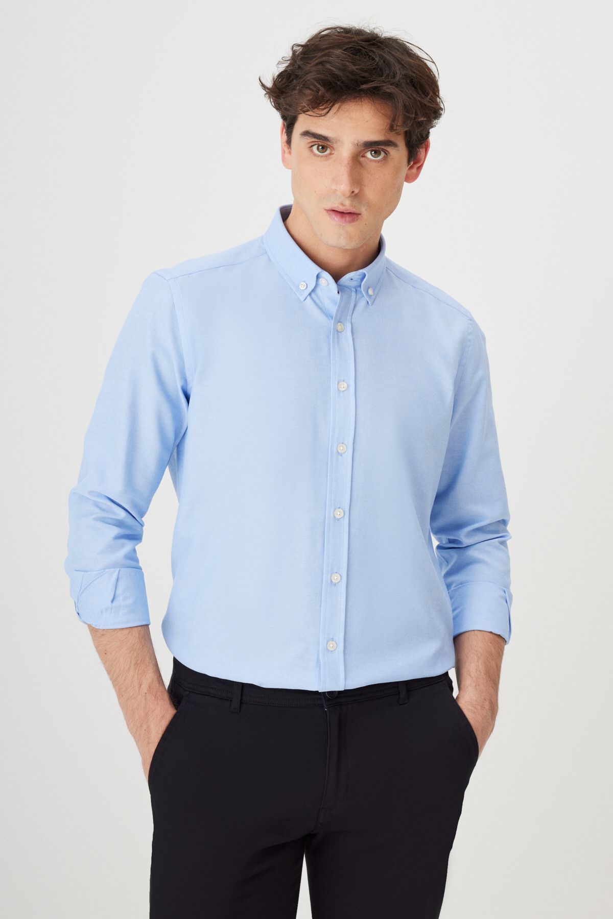 Men's White-Blue 2 Piece Cotton Oxford Easy ironable slim fit narrow cut shirt package