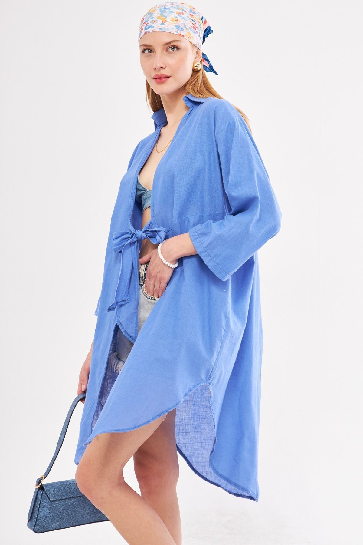 Female indigo front-binding thin linen fabric midi height kimono shirt ARM-24Y001081