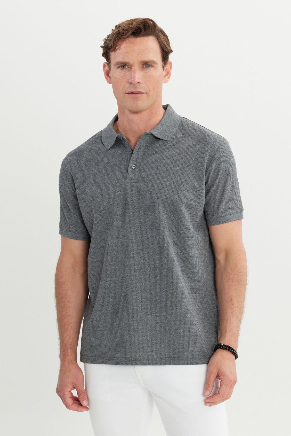 Men's anthracite-melanj cotton standard fit Normal cut pattern Polo collar T-shirt