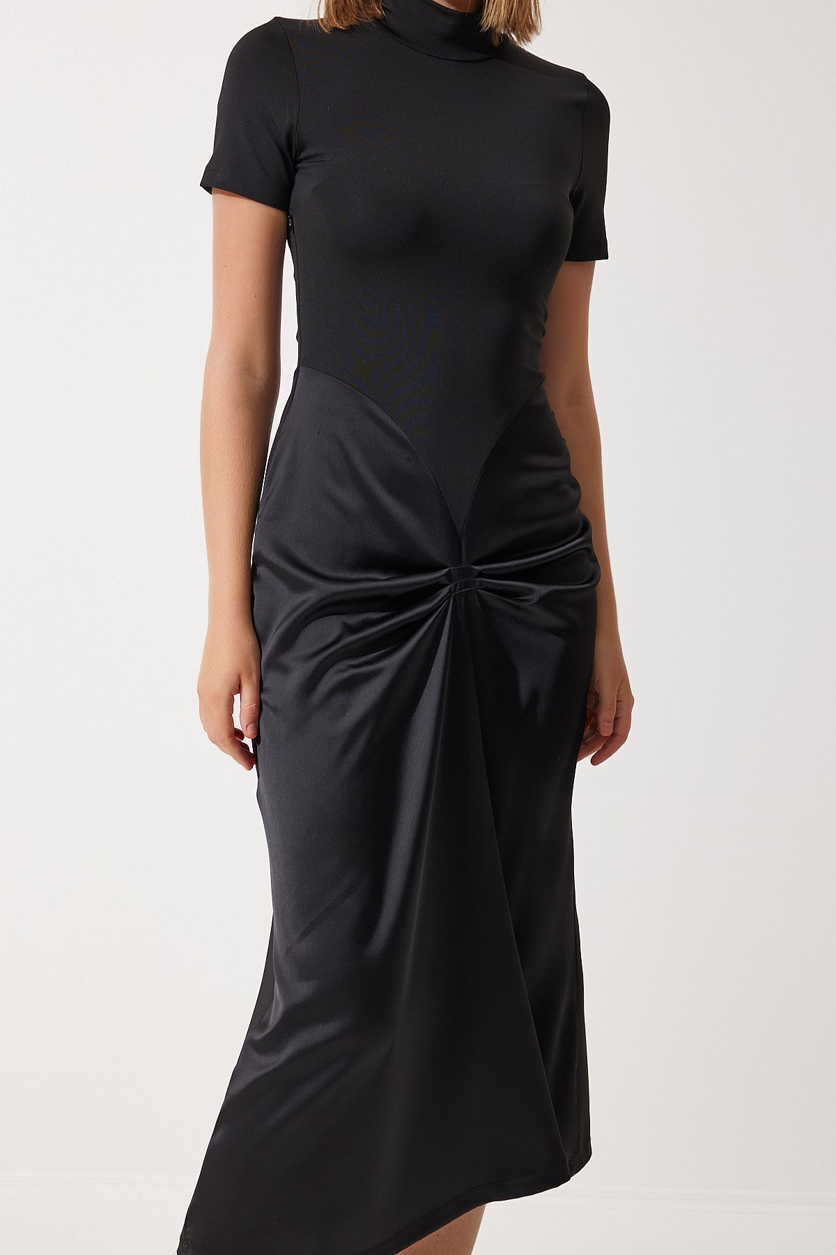 Female Black Shirred Satin Detailed Stylish Knitting Dress KJ00011