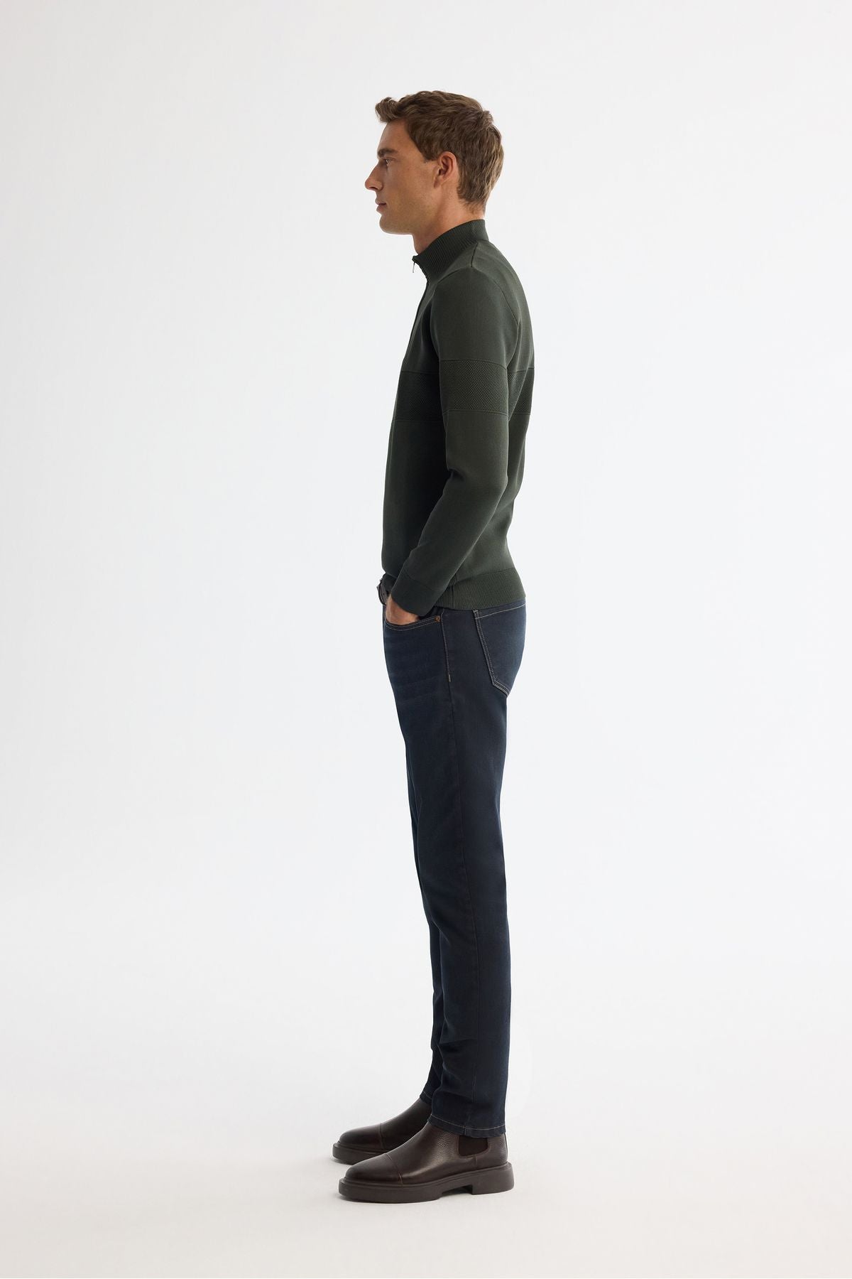 Men's Khaki Zippered upright collar front tissue detailed knitwear sweater A42Y5031