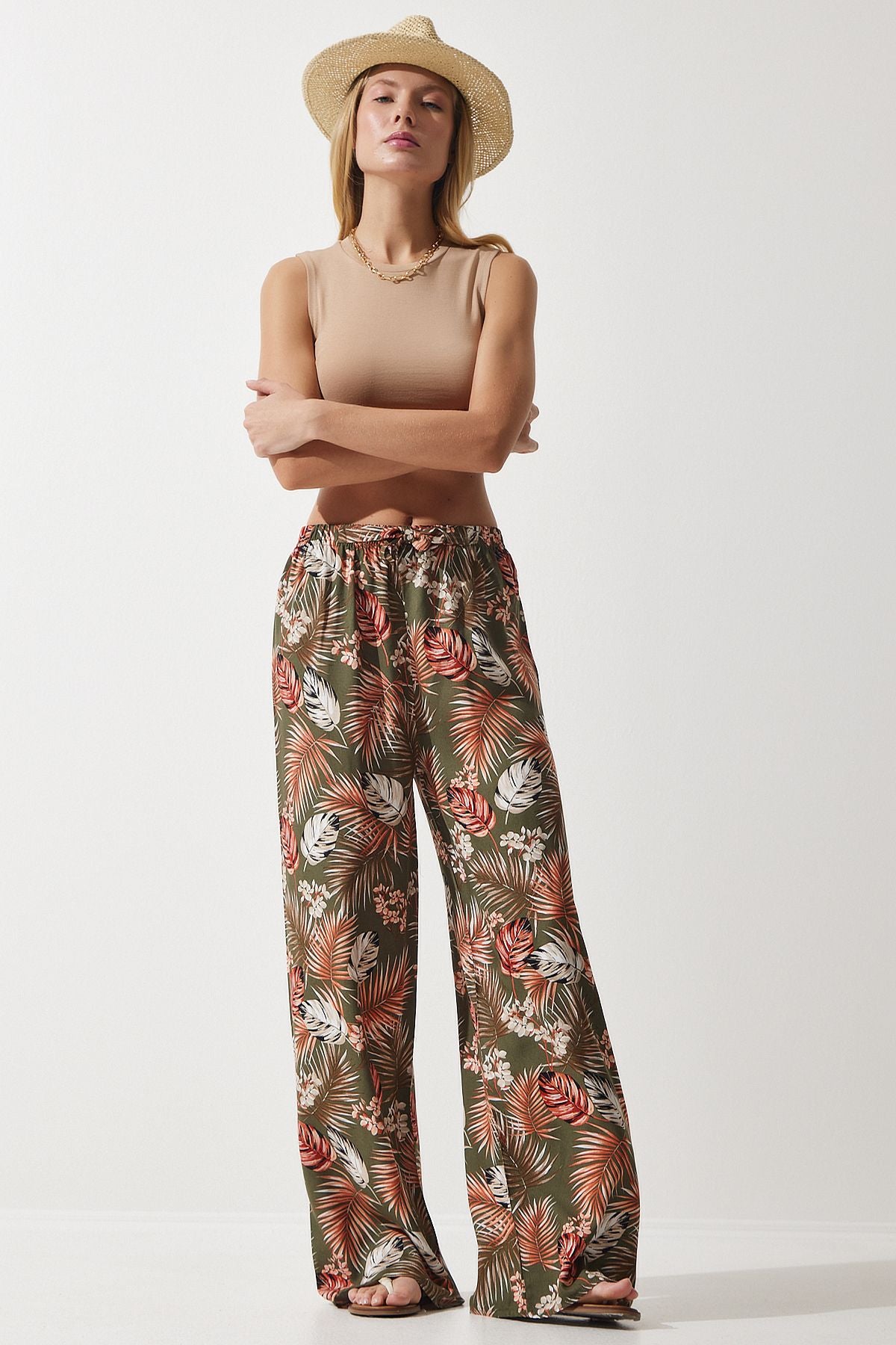 Female Khaki Tile Patterned Viscose Palazzo Pants EN00606