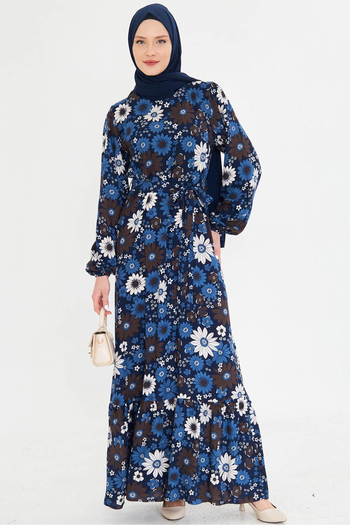 Woman Blue Zero Near Back Zipper Skirt Long Hijab Dress with Ruffle Born Arm-25k001101