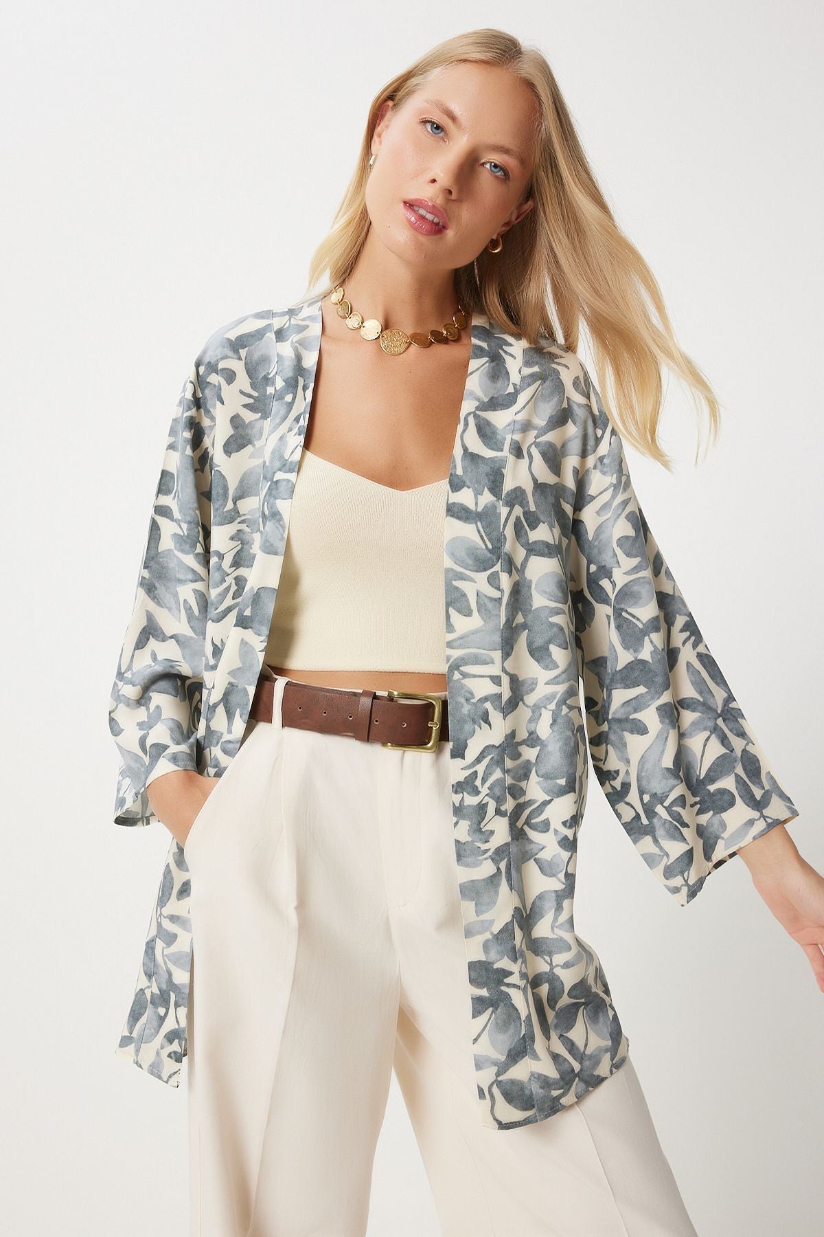 Female Gray Bone Patterned Viscose Kimono EN00615