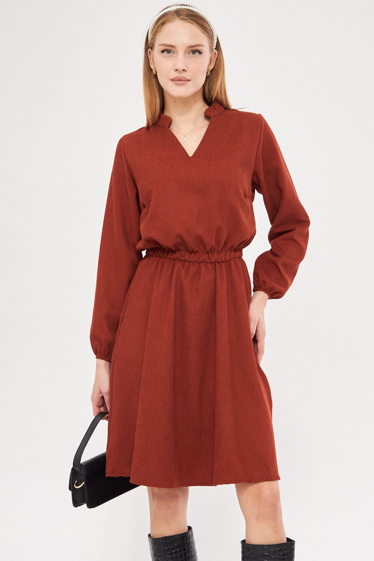 Female Tile Velvet V-Yaka Waist Tire Thin Fravable Clash Dress ARM-25K001049