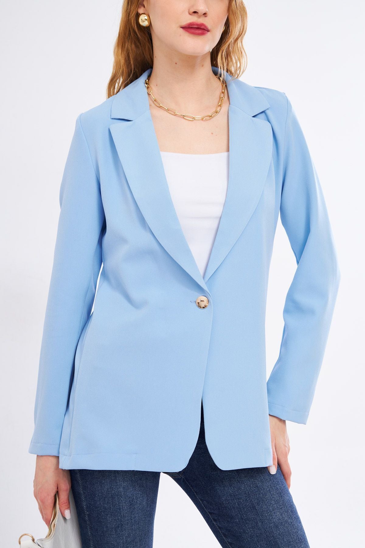 Woman Baby Blue Single Button Blazer Jacket ARM-20K001020