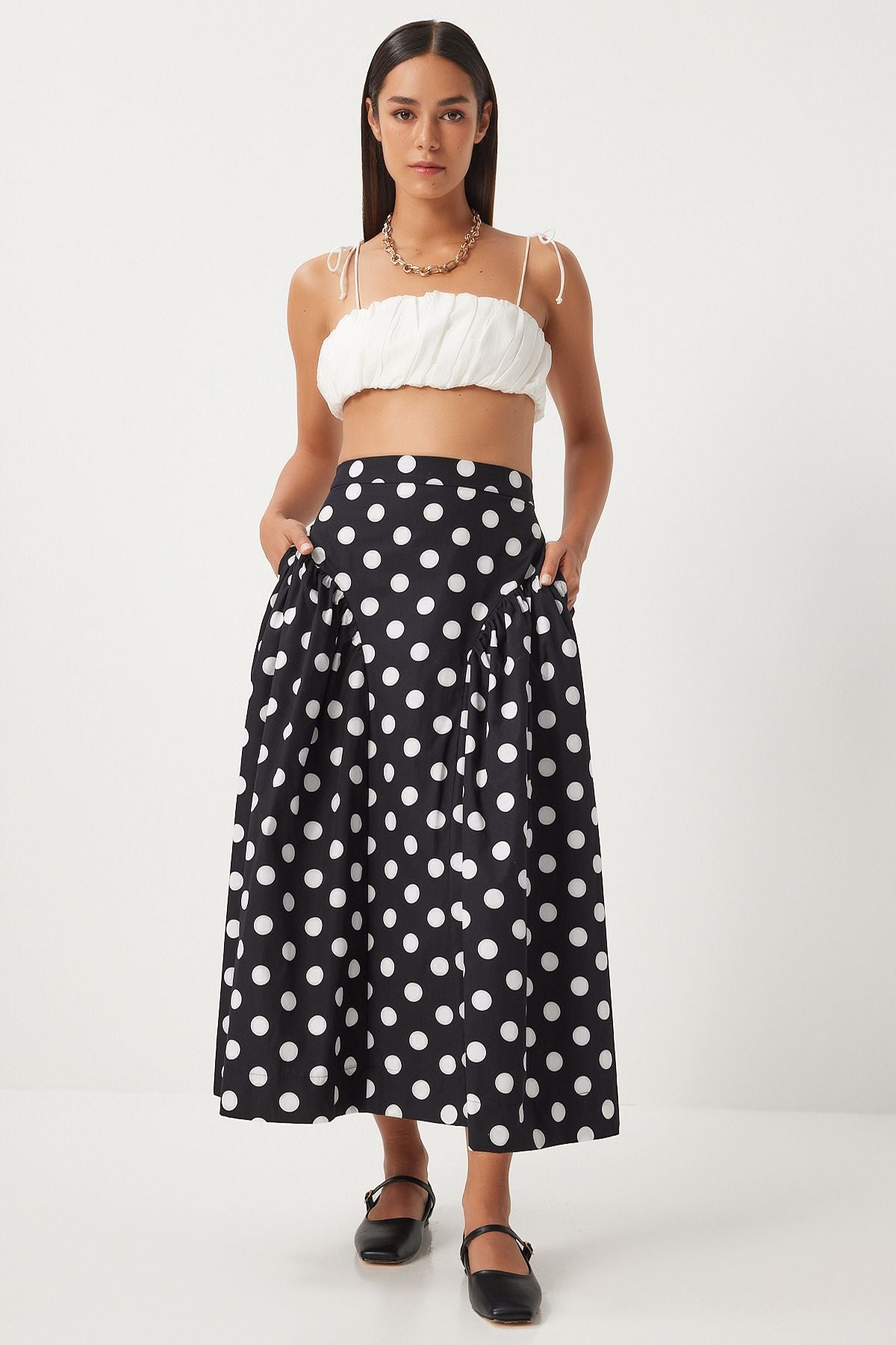 Women's black polka dot summer poplin skirt wf00078
