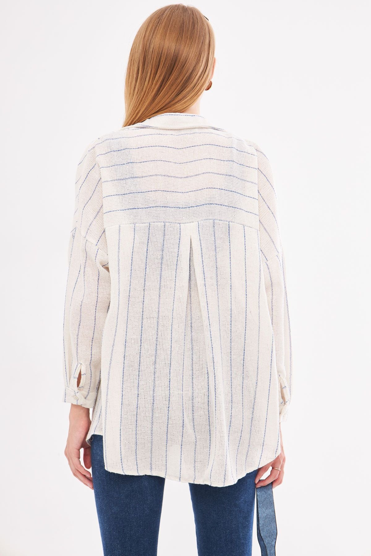 Woman Navy blue Long Sleeve Pocket detailed back Pleeled striped Oversiz shirt ARM-24Y001053