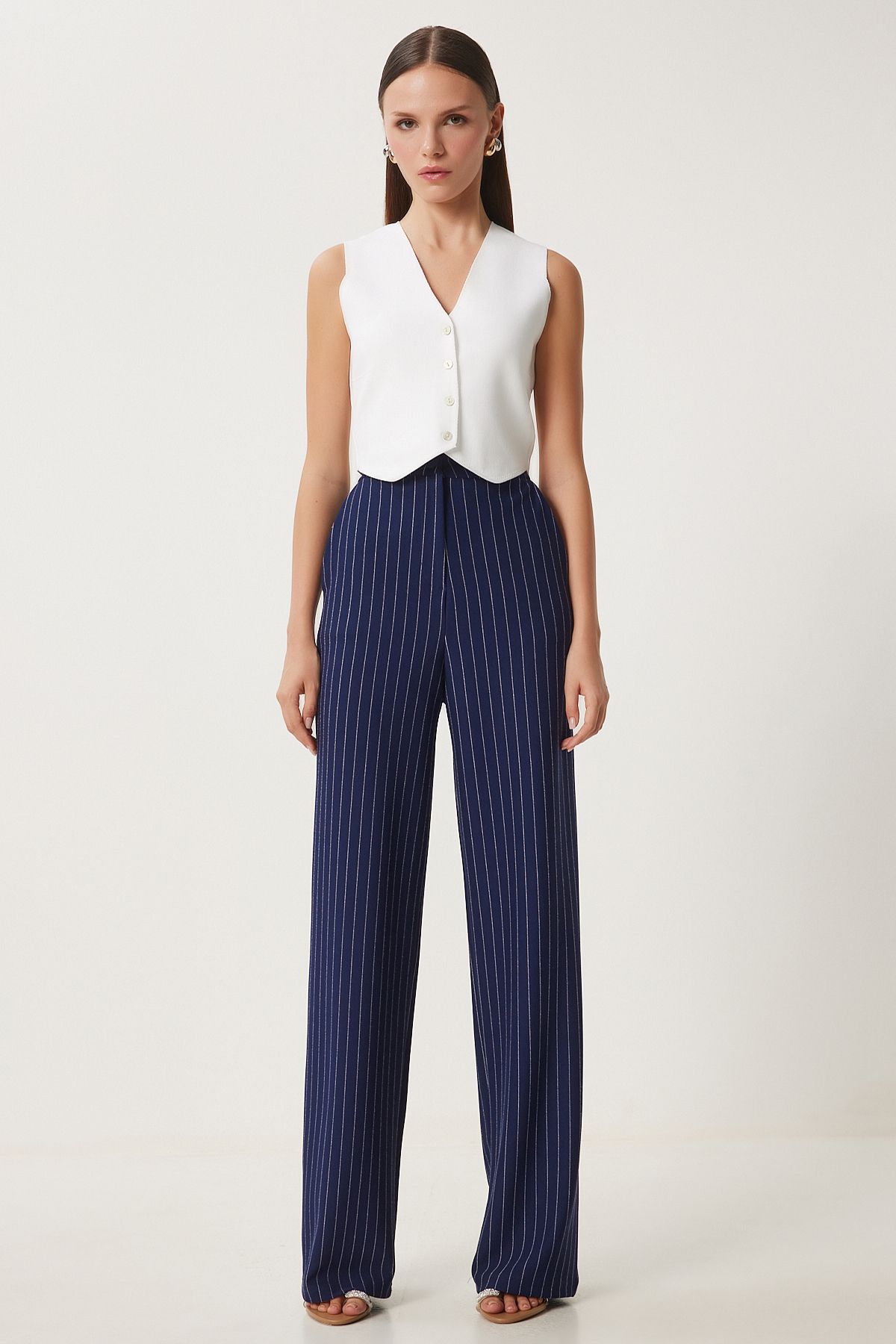 Woman navy blue striped comfortable weaving pants to00158