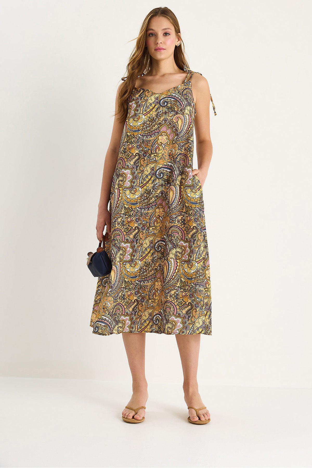 Women's Tie Strap V-Neck Pocket Detailed Patterned Midi Dress 25-083 60283458