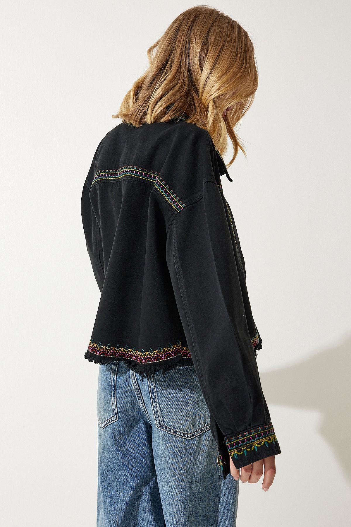 Female Black Embroidered Tassel Oversize denim jacket sa00018