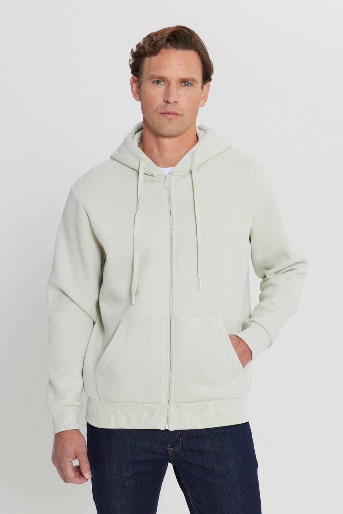 Men's Beige Standard Fit Normal Cut Içi Pleay 3 -Trust Zippered Sweatshirt jacket